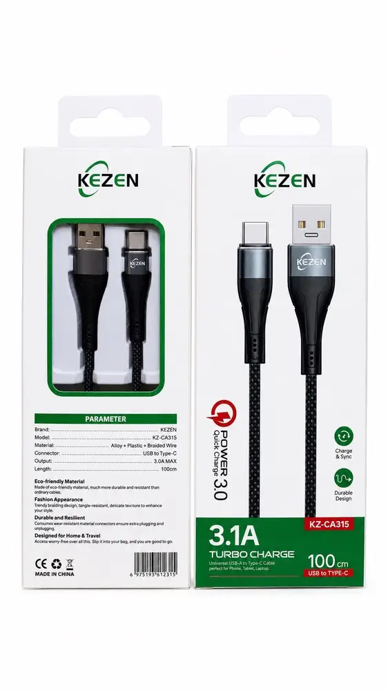 کابل USB به Type-C کزن مدل KZ-CA315 با شارژ سریع 3.1 آمپر، کابل کنفی مقاوم 100 سانتی‌متری برای گوشی و تبلت Type-C
