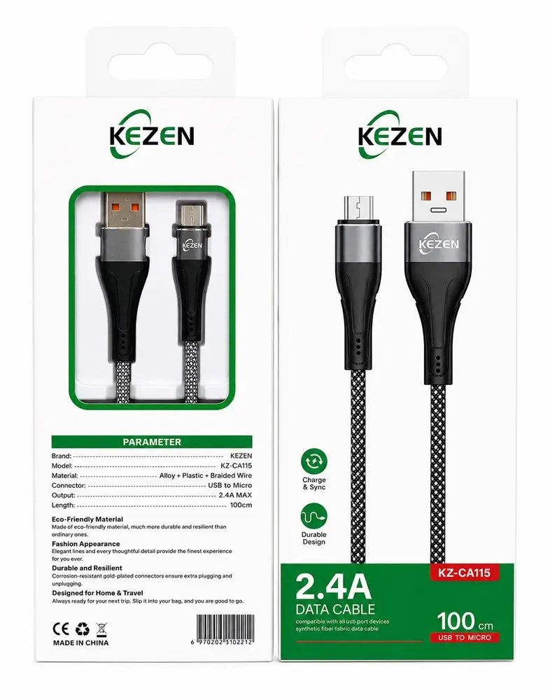 کابل USB به Micro USB کیزن KEZEN KZ-CA115 فست شارژ 2.4 آمپر با روکش بافته شده 1 متری