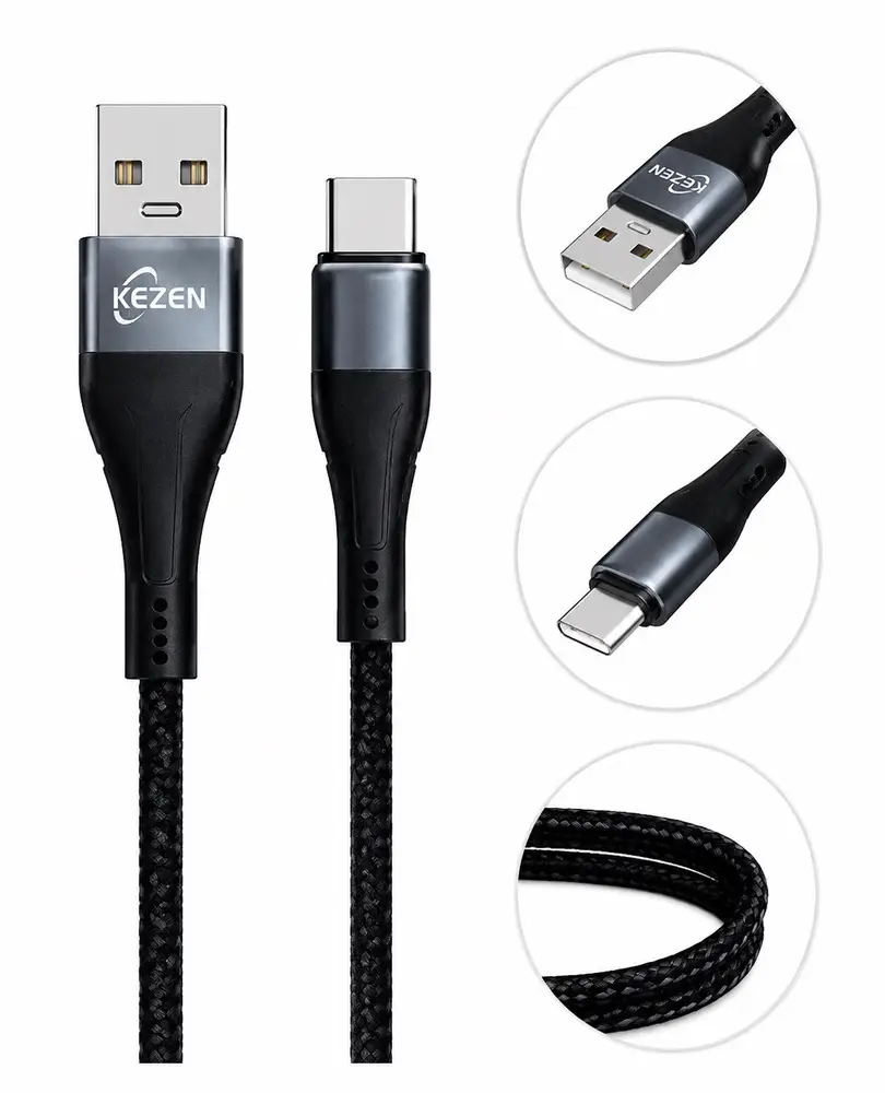 کابل USB به Type-C کزن مدل KZ-CA315 با شارژ سریع 3.1 آمپر، کابل کنفی مقاوم 100 سانتی‌متری برای گوشی و تبلت Type-C