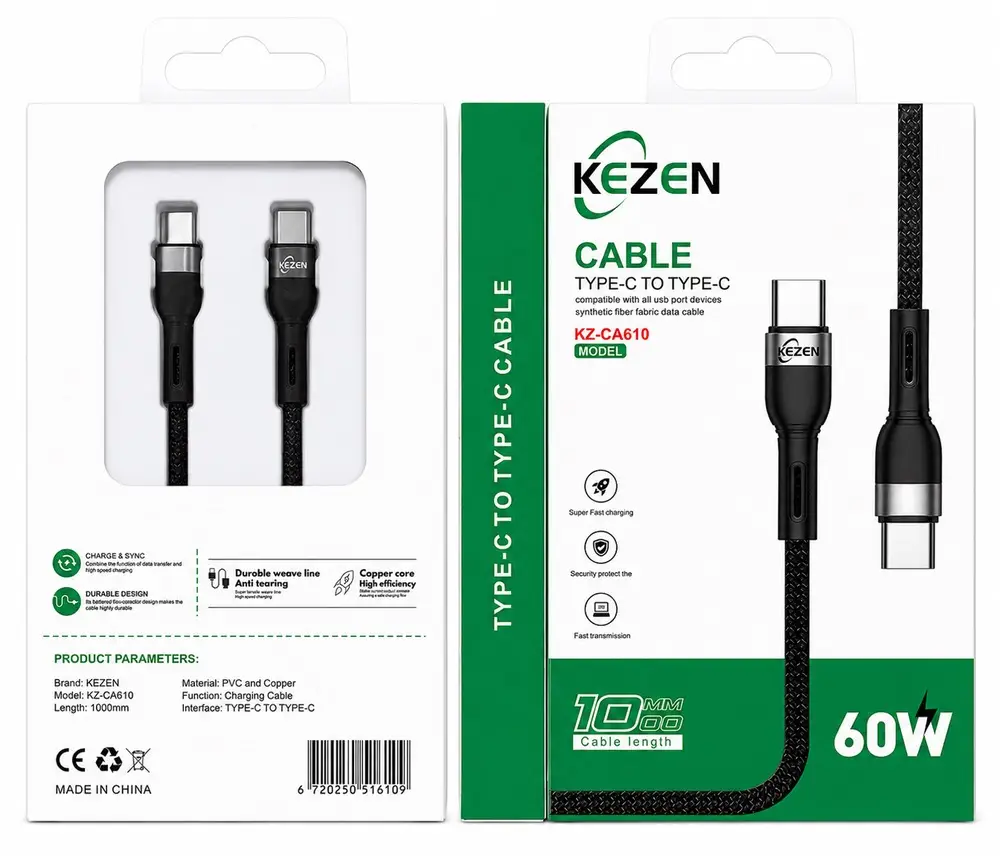 کابل Type-C به Type-C کزن KEZEN مدل KZ-CA610 توان 60 وات طول 1 متر