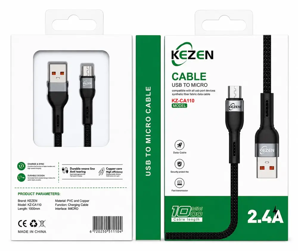 کابل شارژ Micro USB کیزن KEZEN مدل KZ-CA110 طول 1 متر با قابلیت شارژ و انتقال داده 2.4 آمپر