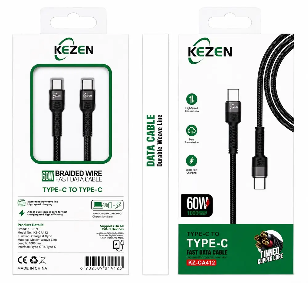 کابل Type-C به Type-C کزن مدل KZ-CA412 با روکش بافته شده، کانکتور فلزی و توان شارژ سریع 60 وات