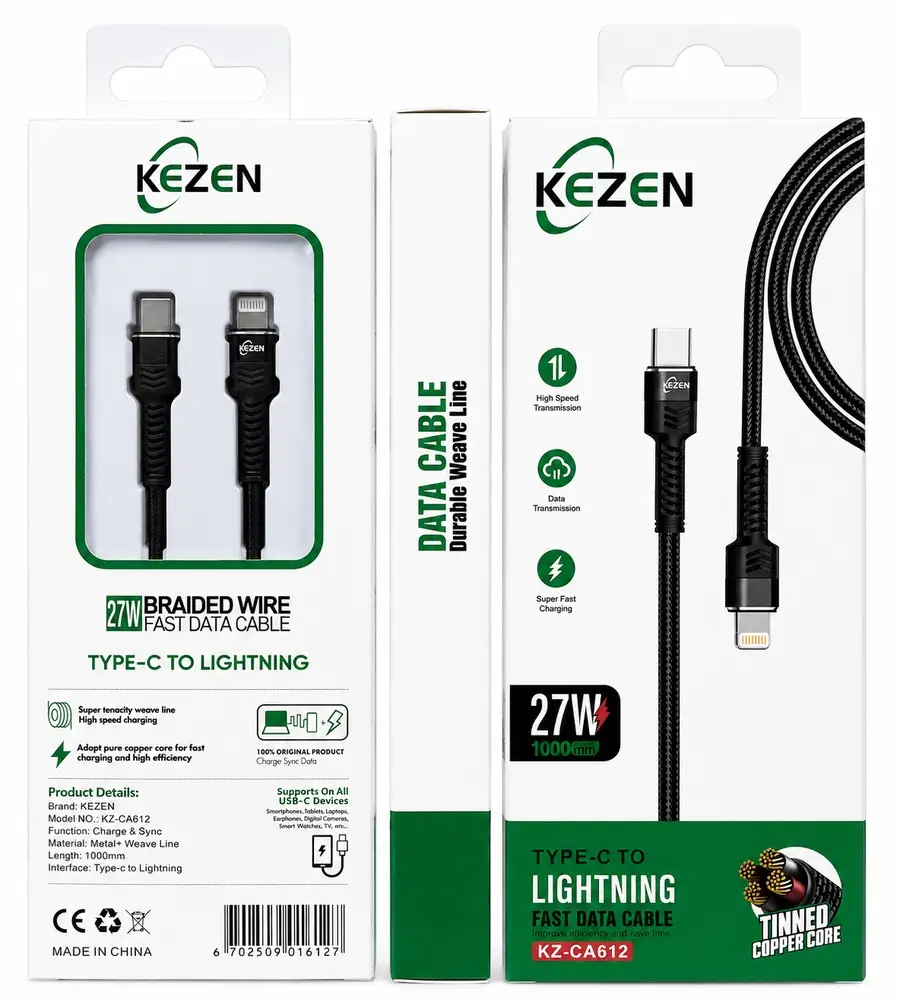 کابل شارژ آیفون Type-C به Lightning کیزن KEZEN مدل KZ-CA612، شارژ سریع 27W، انتقال داده پرسرعت، طول 1 متر، روکش بافته شده مقاوم