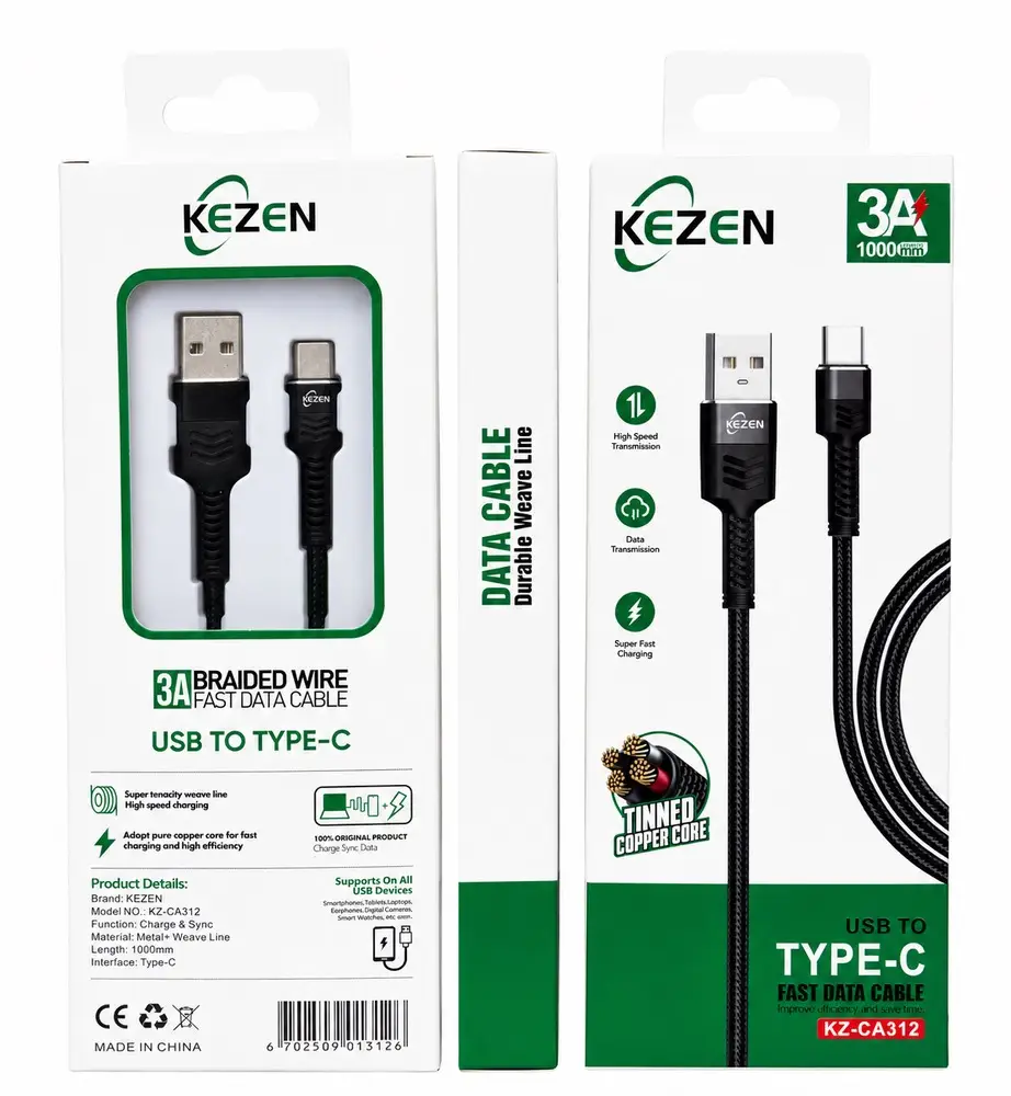 کابل شارژ و انتقال داده KEZEN KZ-CA312 USB به Type-C با روکش بافته‌شده مشکی، پشتیبانی از فست شارژ 3 آمپر و طول 1 متر همراه با جعبه بسته‌بندی محصول برند kezen