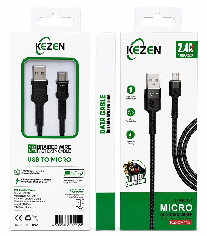 کابل شارژ Micro USB کزن KEZEN مدل KZ-CA112 طول 1 متر با پشتیبانی از شارژ سریع 2.4 آمپر