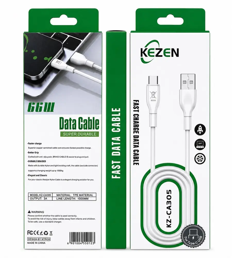 کابل شارژ Type-C کزن KEZEN مدل KZ-CA305 طول 1 متر با پشتیبانی از شارژ سریع 3 آمپر