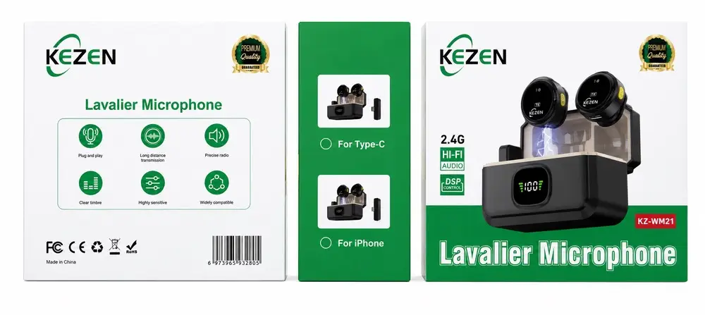 میکروفون یقه‌ای بی‌سیم KEZEN مدل KZ-WM21 با دو فرستنده، کیس شارژ و گیرنده Type-C و iPhone