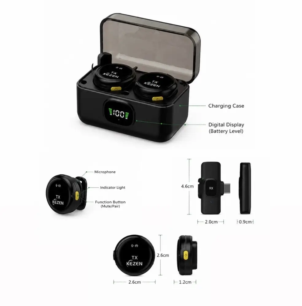 میکروفون یقه‌ای بی‌سیم KEZEN مدل KZ-WM21 با دو فرستنده، کیس شارژ و گیرنده Type-C و iPhone