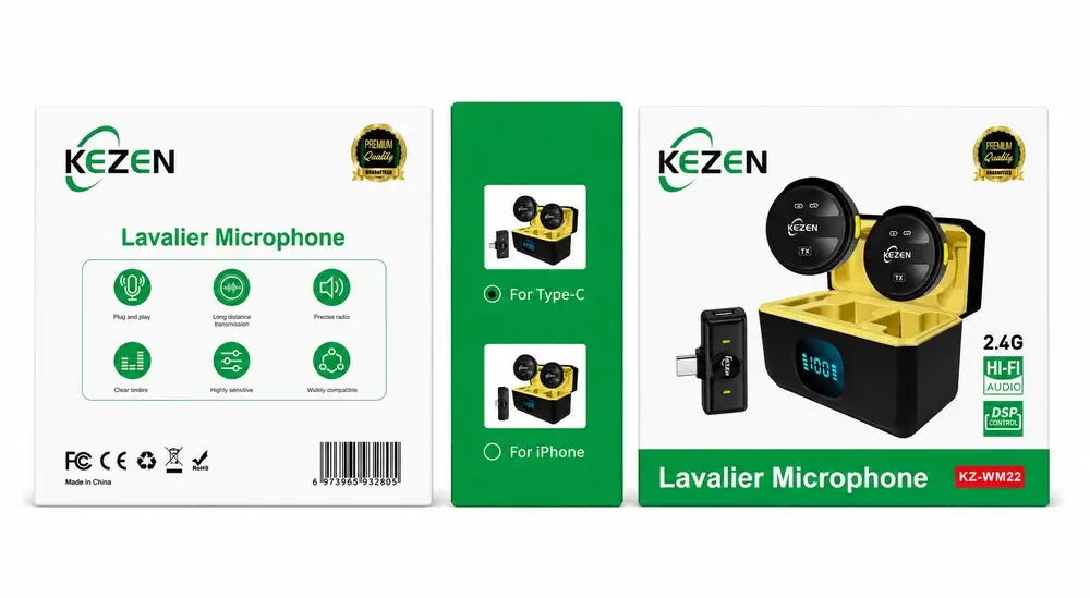 بسته‌بندی میکروفون یقه‌ای بی‌سیم KEZEN KZ-WM23 با کیس شارژ