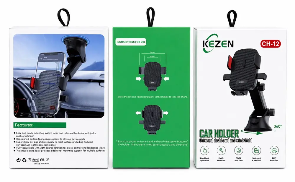هولدر موبایل خودرو KEZEN مدل CH-12 با پایه مکشی، مناسب نصب روی داشبورد و شیشه، دارای چرخش 360 درجه و نگهدارنده یونیورسال گوشی