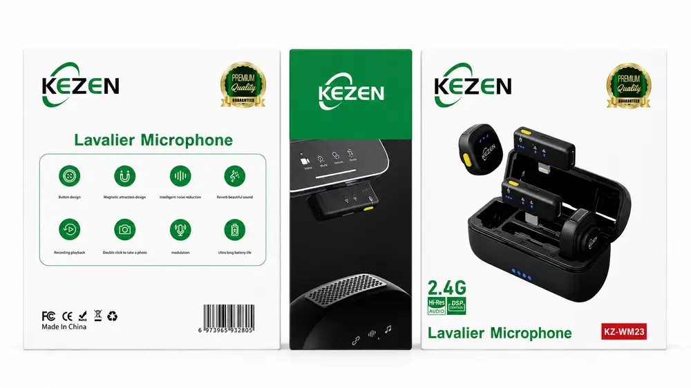 میکروفون یقه‌ای بی‌سیم KEZEN مدل KZ-WM23 با کیس شارژ، اتصال 2.4GHz و حذف نویز هوشمند