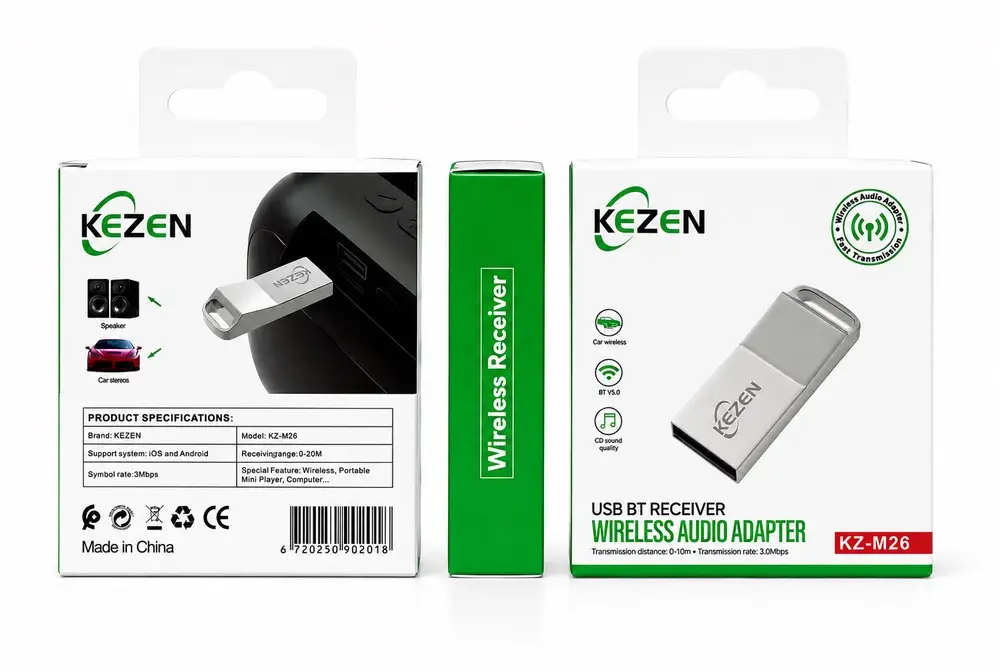 گیرنده بلوتوث USB KEZEN مدل KZ-M26 مناسب اتصال بی‌سیم به سیستم صوتی خودرو، اسپیکر و آمپلی‌فایر