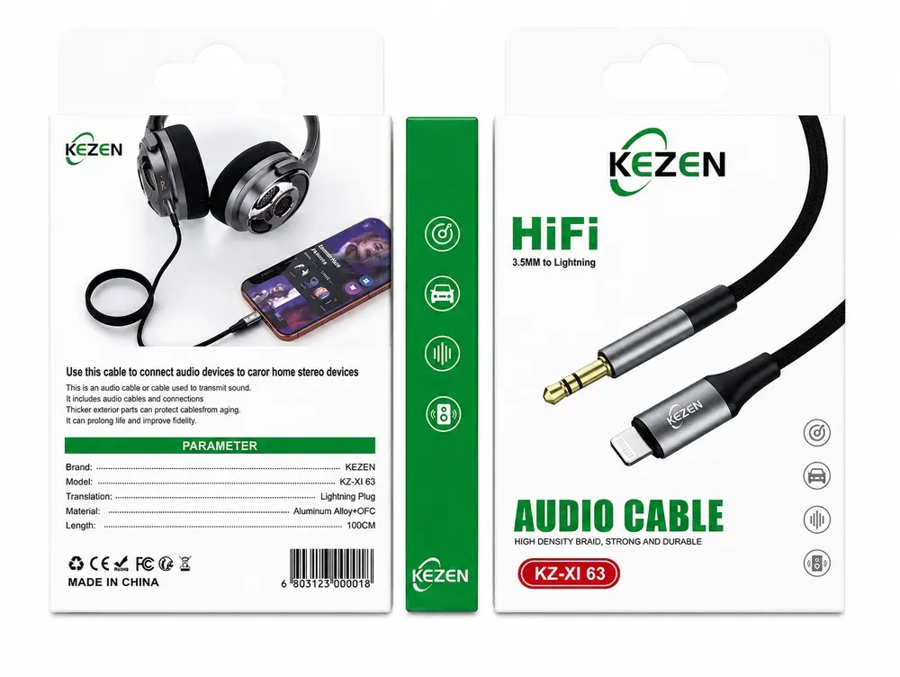 کابل تبدیل Lightning به AUX کیزن KEZEN KZ-XI63 با روکش بافته‌شده مقاوم و کانکتور آلومینیومی، مناسب اتصال آیفون به ضبط خودرو و اسپیکر 3.5 میلی‌متری.