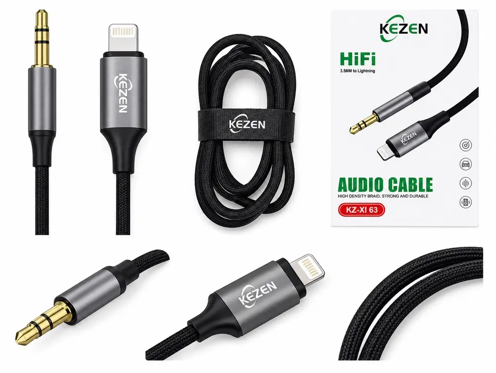 کابل تبدیل Lightning به AUX کیزن KEZEN KZ-XI63 با روکش بافته‌شده مقاوم و کانکتور آلومینیومی، مناسب اتصال آیفون به ضبط خودرو و اسپیکر 3.5 میلی‌متری.