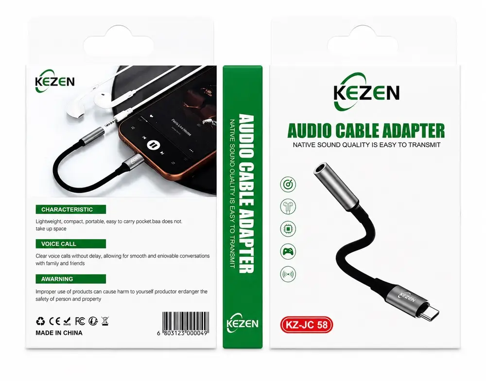 مبدل صوتی KEZEN KZ-JC58 تبدیل USB Type-C به جک 3.5 میلی‌متری هدفون با کیفیت صدای Hi-Fi و بدنه فلزی مقاوم