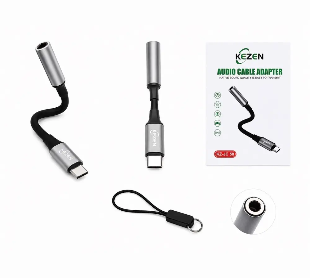 مبدل صوتی KEZEN KZ-JC58 تبدیل USB Type-C به جک 3.5 میلی‌متری هدفون با کیفیت صدای Hi-Fi و بدنه فلزی مقاوم