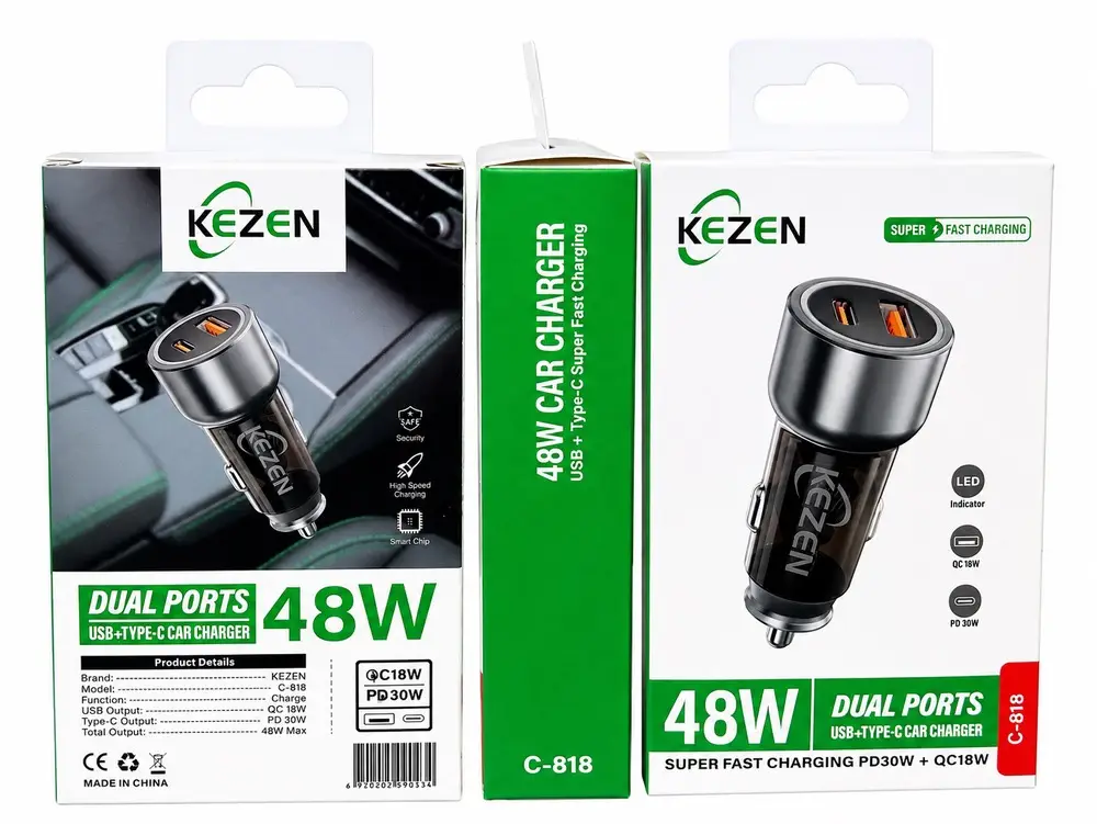 شارژر فندکی خودرو KEZEN مدل C-818 توان 48 وات با دو پورت USB QC18W و Type-C PD30W شارژ سریع