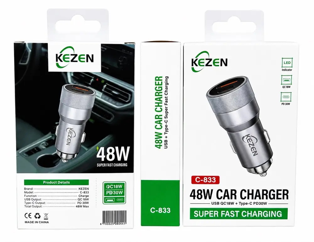 شارژر فندکی 48 وات KEZEN مدل C-833 با دو خروجی USB QC18W و Type-C PD30W، شارژر خودرو سوپر فست با بدنه فلزی، مناسب شارژ سریع انواع گوشی و تبلت