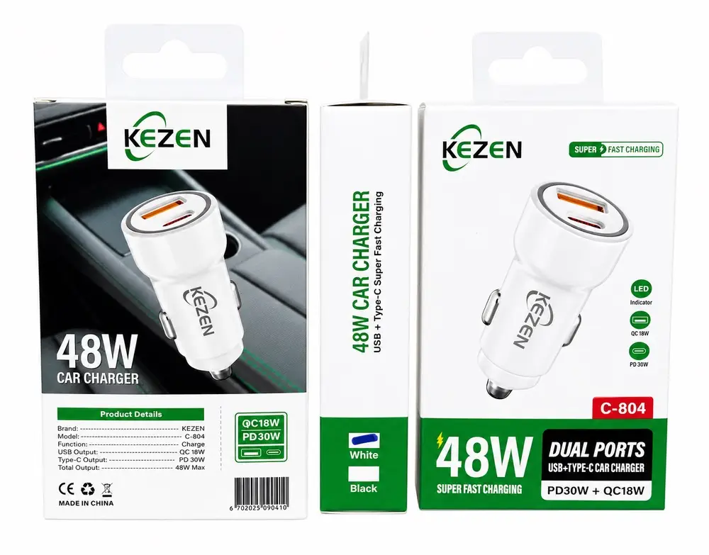 شارژر فندکی 48 وات KEZEN مدل C-804 با دو خروجی USB QC 18W و Type-C PD 30W، شارژر خودرو سوپر فست سفید رنگ با قابلیت شارژ همزمان دو دستگاه
