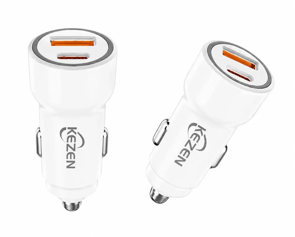 شارژر فندکی 48 وات KEZEN مدل C-804 با دو خروجی USB QC 18W و Type-C PD 30W، شارژر خودرو سوپر فست سفید رنگ با قابلیت شارژ همزمان دو دستگاه
