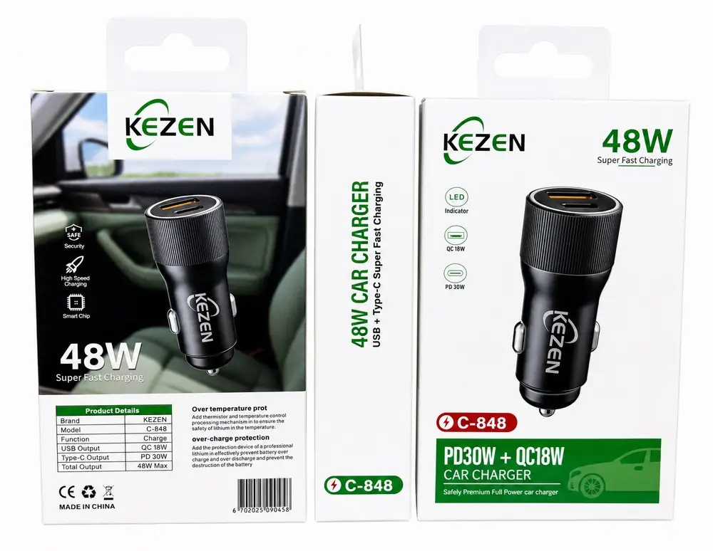 شارژر فندکی 48 وات KEZEN مدل C-848 با دو خروجی USB QC 18W و Type-C PD 30W، شارژر خودرو سوپر فست مشکی با قابلیت شارژ همزمان دو دستگاه