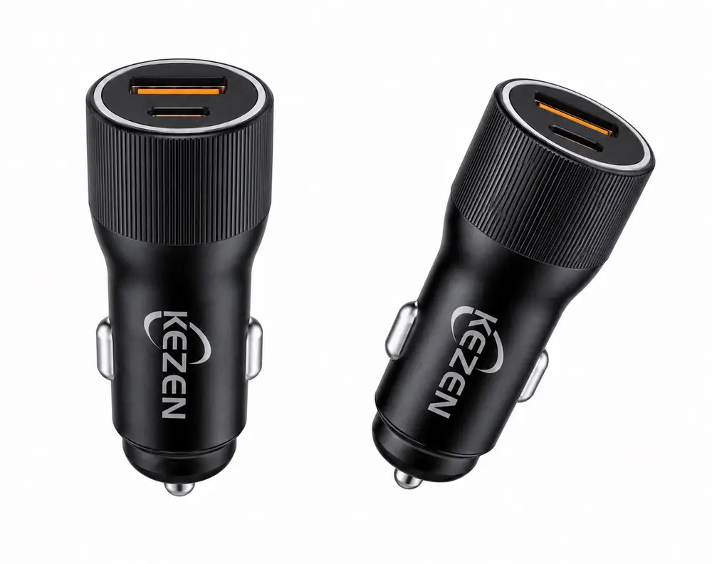شارژر فندکی 48 وات KEZEN مدل C-848 با دو خروجی USB QC 18W و Type-C PD 30W، شارژر خودرو سوپر فست مشکی با قابلیت شارژ همزمان دو دستگاه