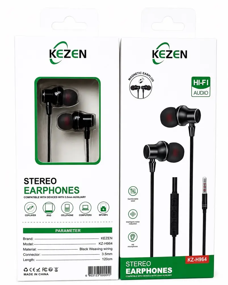 هندزفری سیمی KEZEN KZ-H964 با جک 3.5 میلی‌متری، میکروفون HD، کنترل صدا و طراحی مغناطیسی، مناسب برای گوشی موبایل، تبلت و لپ‌تاپ.