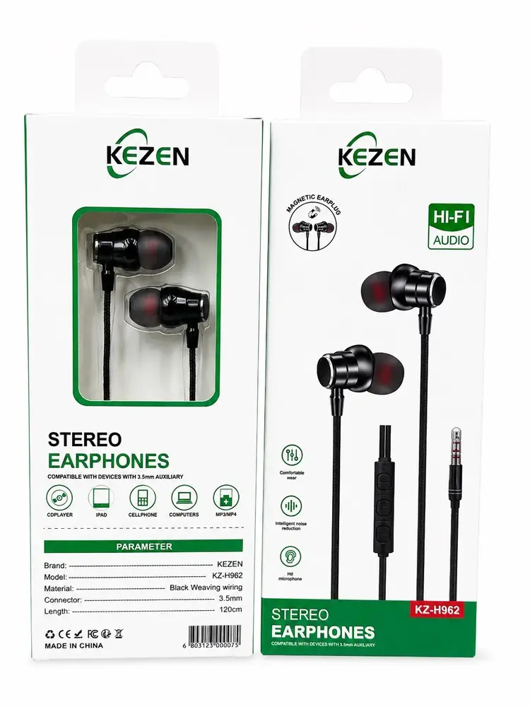 هندزفری سیمی KEZEN KZ-H962 با جک 3.5 میلی‌متری، صدای Hi-Fi، میکروفون HD، کنترل تماس و موسیقی و کابل بافته‌شده مشکی