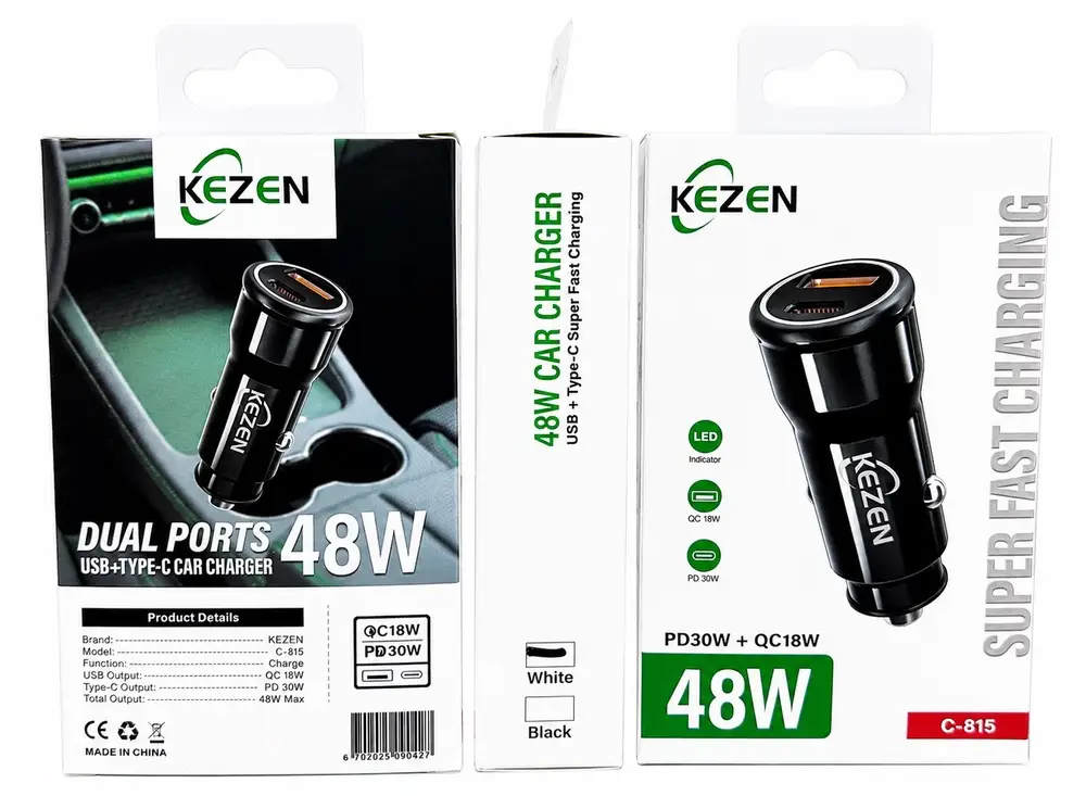 شارژر فندکی 48 وات KEZEN مدل C-815 با دو خروجی USB QC 18W و Type-C PD 30W، شارژر خودرو سوپر فست مشکی مناسب شارژ همزمان دو دستگاه