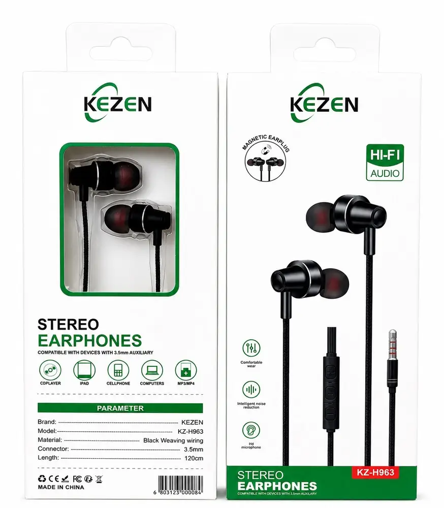 هندزفری سیمی KEZEN KZ-H963 با جک 3.5 میلی‌متری، میکروفون داخلی، کابل بافته‌شده و کیفیت صدای Hi-Fi استریو