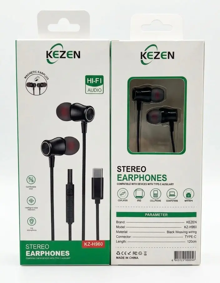 هندزفری سیمی KEZEN KZ-H960 Type-C با میکروفون داخلی، کابل بافته‌شده و کیفیت صدای Hi-Fi استریو